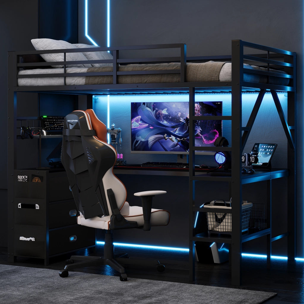 Letto a soppalco gaming 90x200 cm in metallo nero con scrivania e cassetti