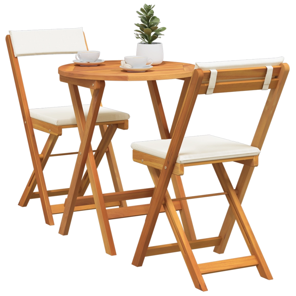 Set Bistro Pieghevole da 3 Pezzi con Cuscini in Legno Massello di Acacia