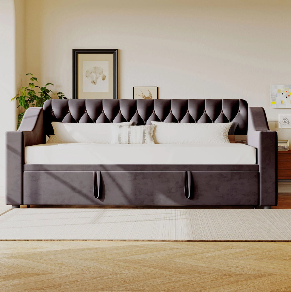Divano letto imbottito 90x190 cm con USB e vani portaoggetti in velluto grigio