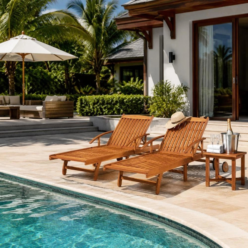 Sun Loungers (2 Pieces) With Table, Solid Acacia Wood