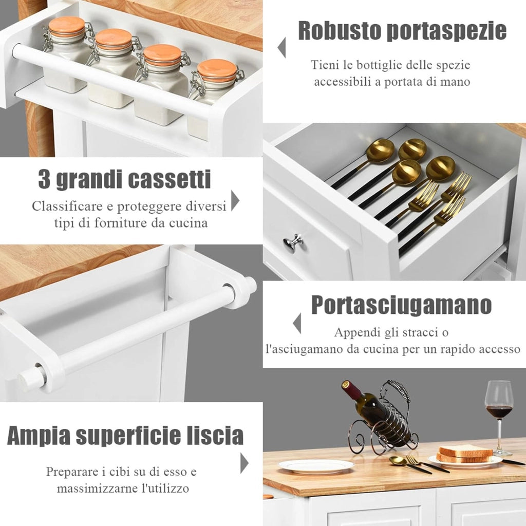 Carrello da Cucina in Legno, Credenza Cucina Salvaspazio con Mensole Regolabili, Armadietto per Microonde con Cassetti, 136 x 76 x 91 cm (Bianco)