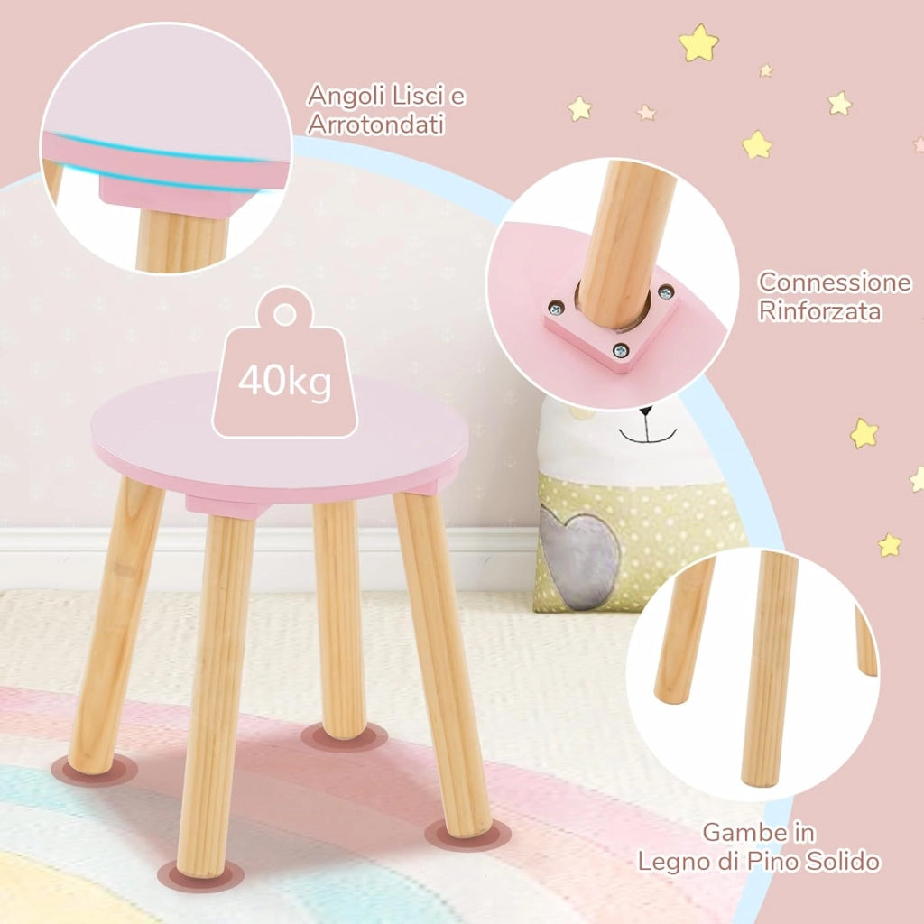 2 in 1 Set Toeletta per Bambini, Postazione Trucco in Legno con Sgabello, Specchio Rettangolare Staccabile e 2 Cassetti Capienti, Ideale per Bambini dai 3 ai 7 Anni, 70 x 37 x 100 cm