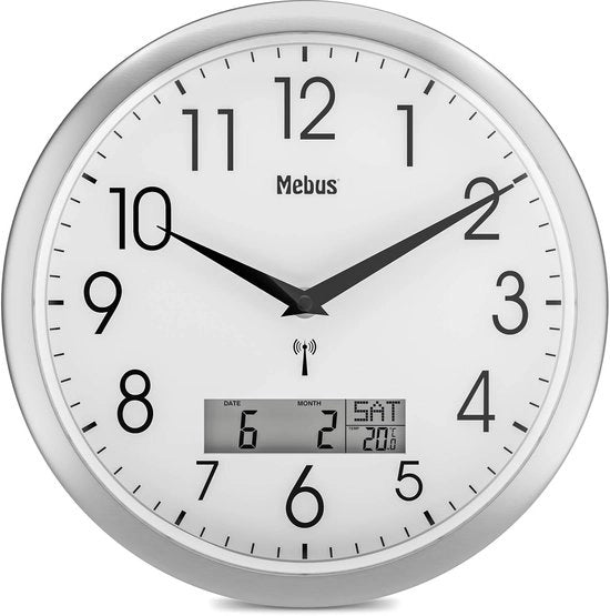 Radiogestita orologio da parete, 29 cm, silenzioso, display LCD per data e temperatura, bianco, modello 19422 - Multifunzionale e silenzioso
