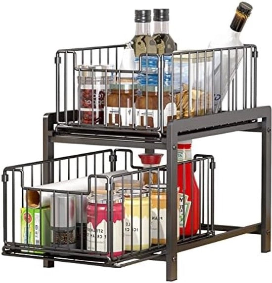 Organizzatore Cucina con 2 Lavello Ripostigli sotto il Lavabo in Acciaio Inossidabile Organizzatore Bagno 2 Livelli Supporto Erbe Grande Capacità (Nero)