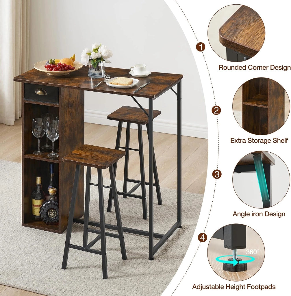 Set da pranzo a 3 pezzi per 2 persone con tavolo; cassetto e ripiano - Stile retrò; altezza bar