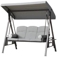 Dondolo da Giardino a 3 Posti con Tetto Regolabile, Cuscini e Vassoi, Poliestere, 116 x 206 x 183 cm, Grigio Chiaro