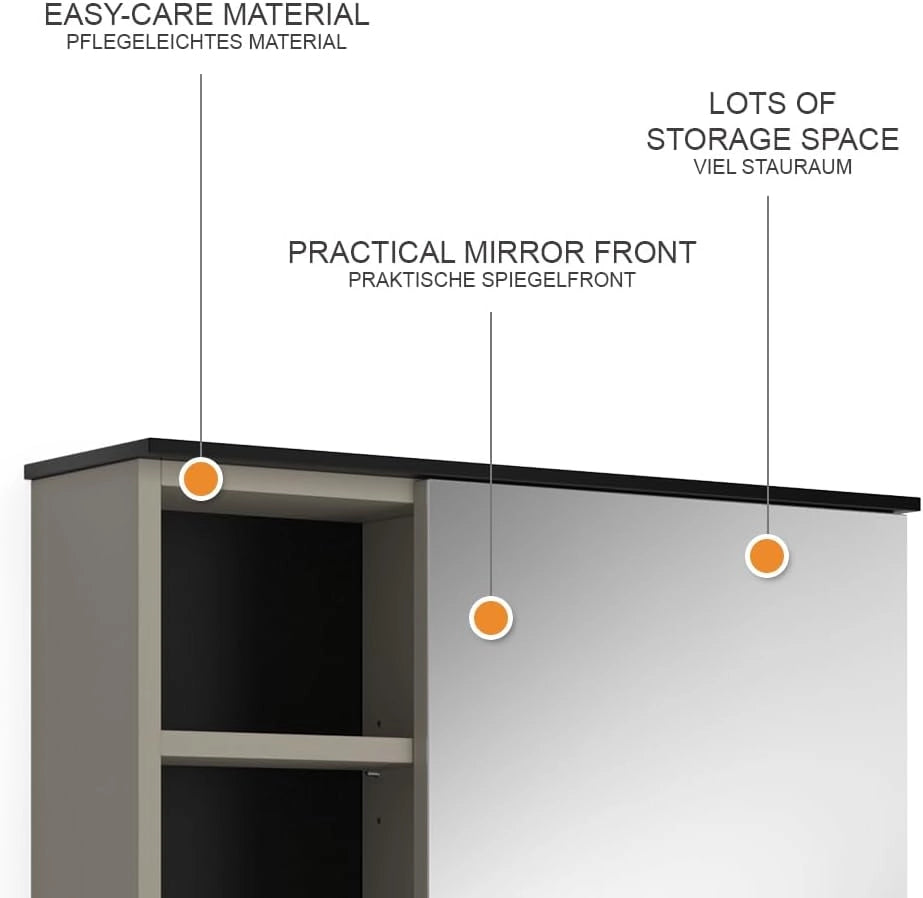 Mobile a specchio per il bagno Joli, Grigio, 60 x 60 cm con specchio, adatto al montaggio a parete per riporre accessori da bagno