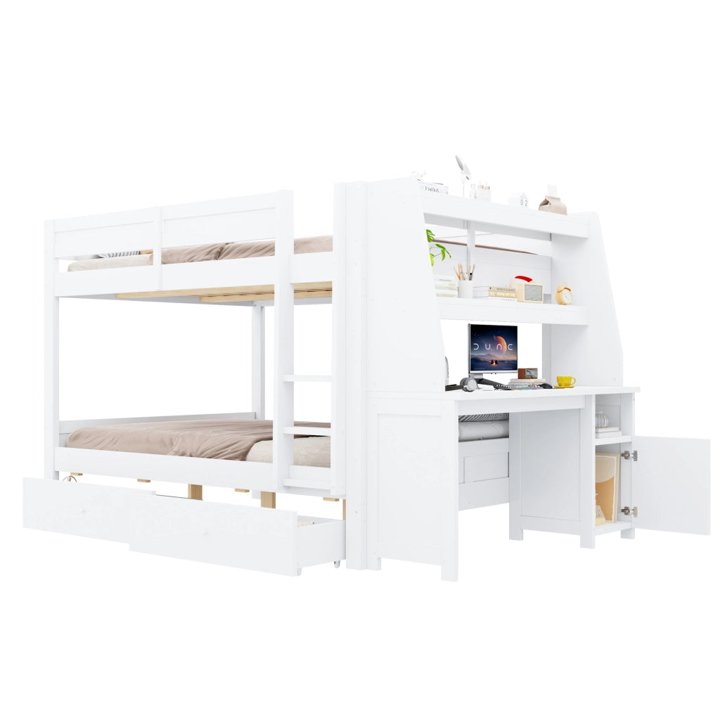 Letto a Castello 140x200 cm con Scrivania; Scaffali; Cassetti e Sponda Bianco