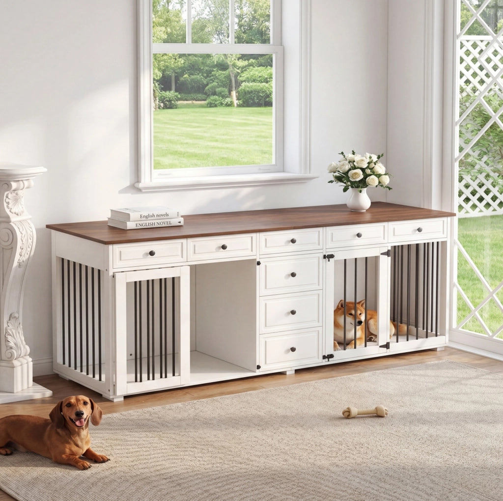 Mobile gabbia per cani con 8 cassetti, bianco e noce