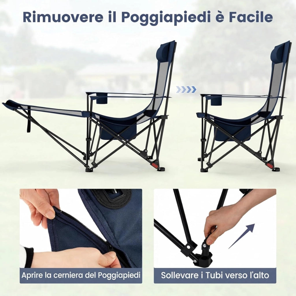 Sedia da Campeggio con Poggiapiedi Rimovibile, Poltrona Pieghevole con Schinale Reclinabile, Braccioli e Portabicchieri, Portata 150 kg, Sdraio in Testtuto Oxford per Giardino Spiaggia (Blu)