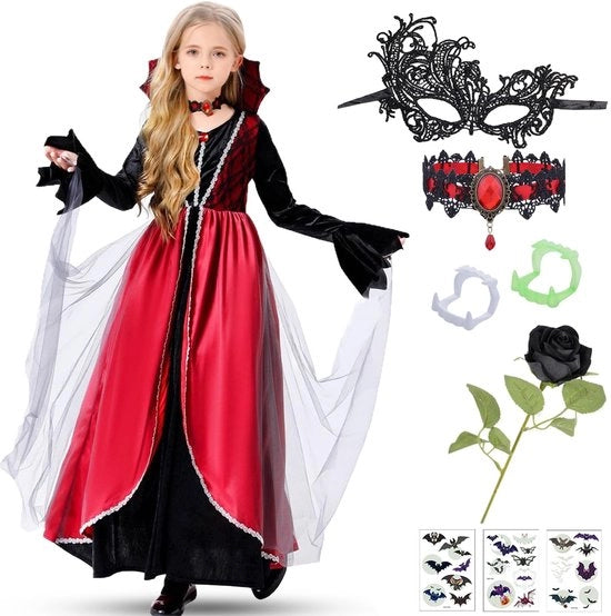 Costume per bambini vampiro - Inclusivo di gonna/collana/denti/maschera occhi - Halloween/abito da costume - 2 taglie - Adatto per feste tematiche