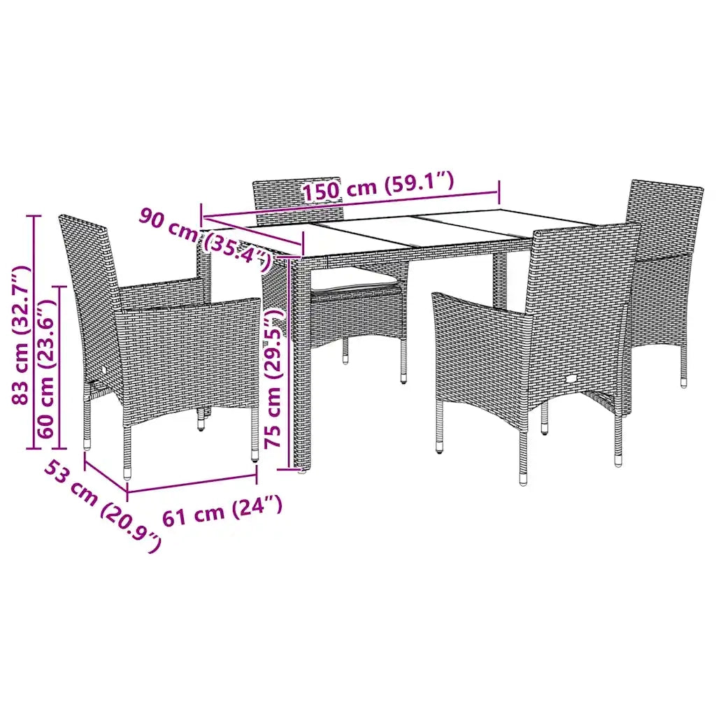 Set Pranzo da Giardino 5pz con Cuscini Polyrattan e Vetro