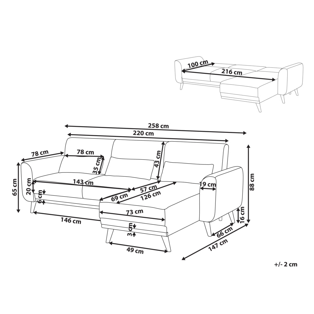 Divano letto ad angolo Rivestimento nero in tessuto poliestere Gambe in legno chiaro Cuscini Design moderno