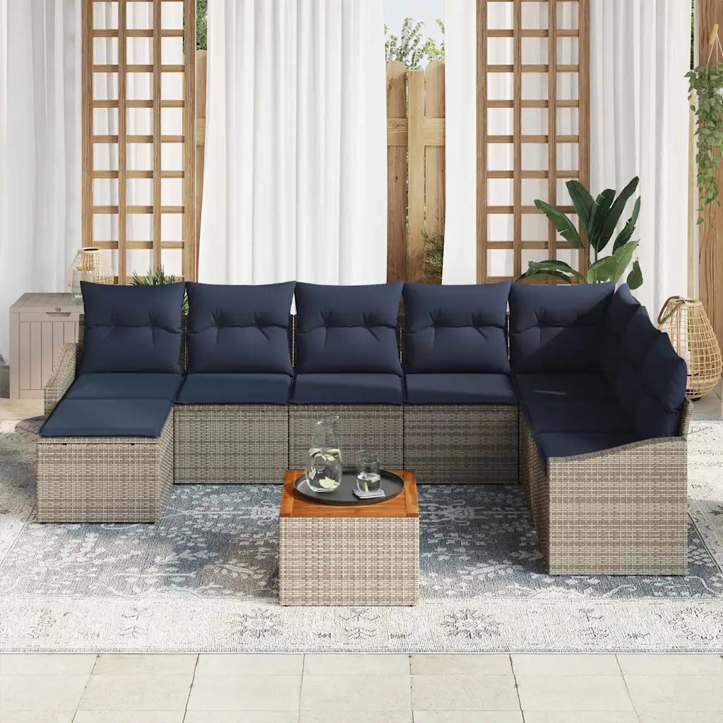 Set Divano da Giardino 9 pcs Grigio e Blu Navy polyrattan