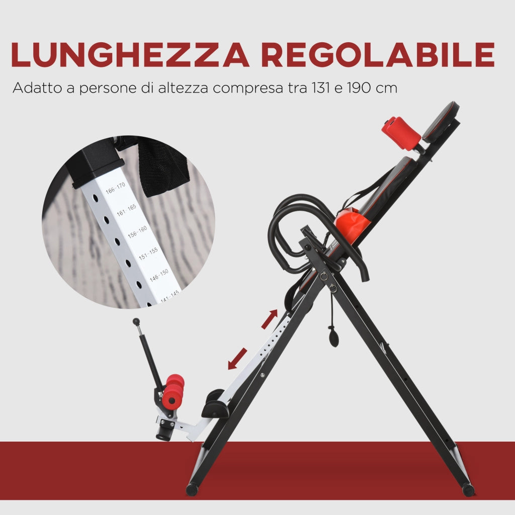 Panca a Inversione con Angolo e Altezza Regolabile e Poggiatesta. in Acciaio e Plastica. 79x114x153 cm. Rosso e Nero