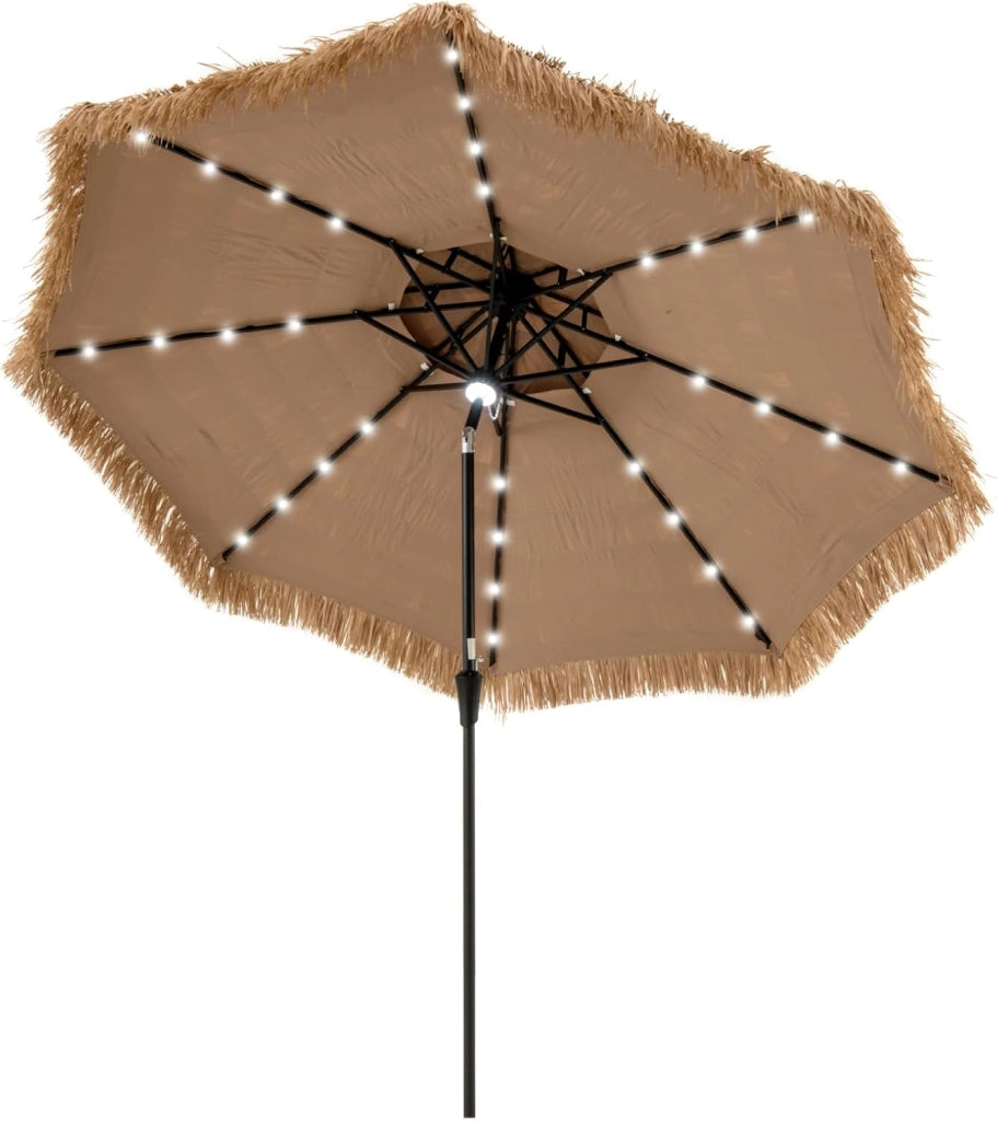 Ombrellone da Spiaggia 300 cm, Ombrellone Hawaiano in Paglia PE con 8 Stecche, Manovella Manuale, Inclinazione Regolabile, per Spiaggia, Patio (300 cm/0 Luci)