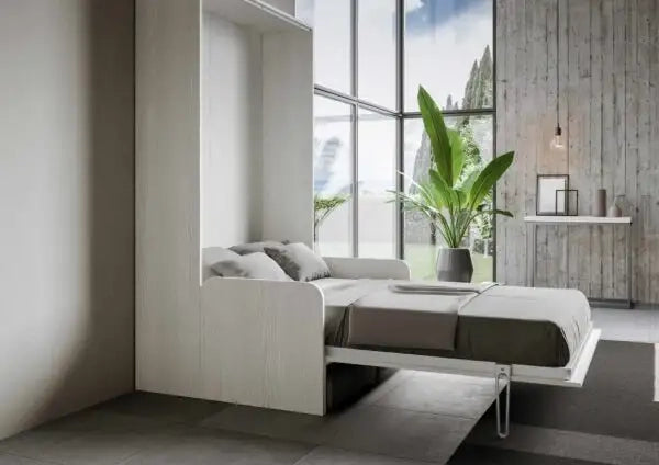Letto matrimoniale francese a scomparsa 140 Kentaro con divano bianco frassino, grigio
