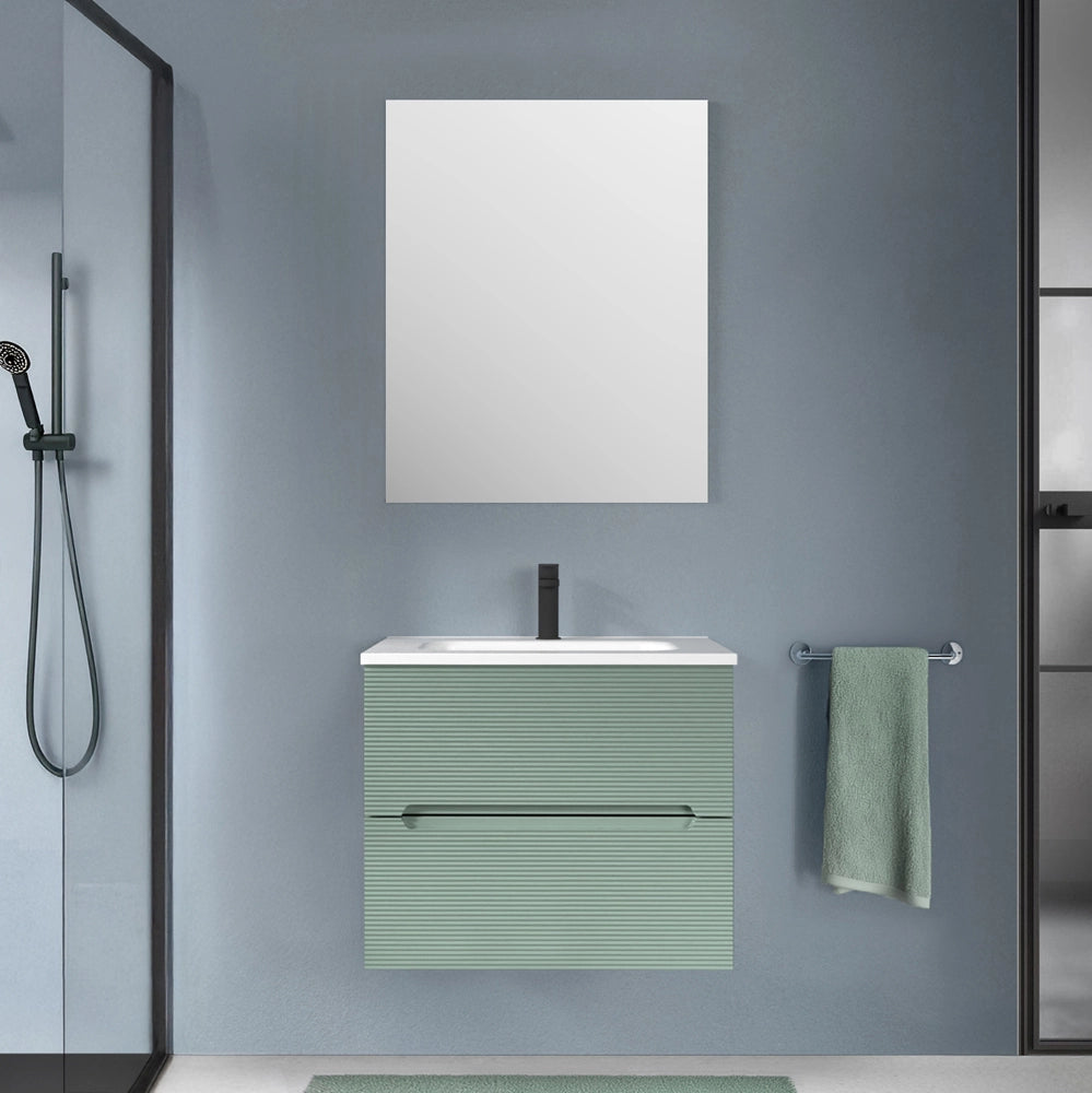 Mobile bagno sospeso 60 verde cannettato 2 cassetti lavabo e specchio Rigo