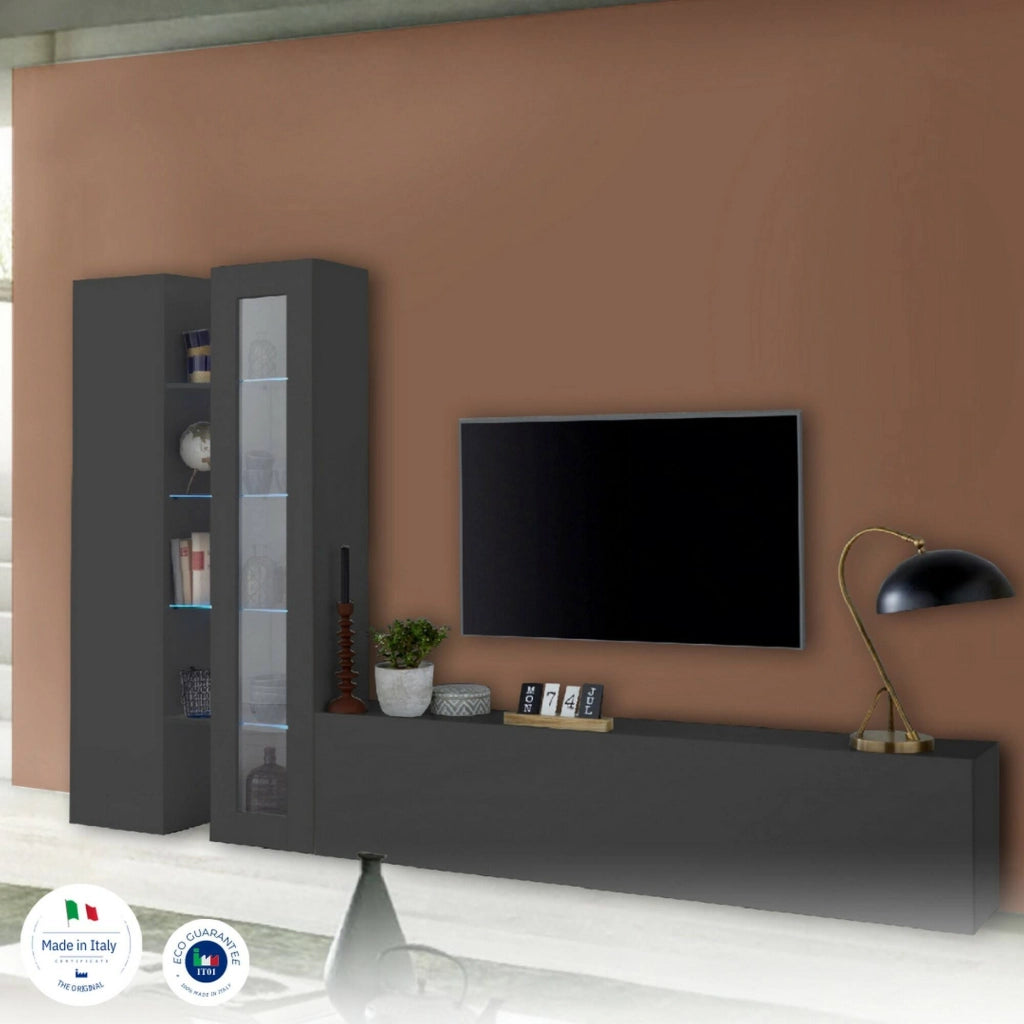 Mobile Soggiorno Arin, Parete Attrezzata 13 Ripiani Made in Italy, 280x30x180h cm Nero Antracite