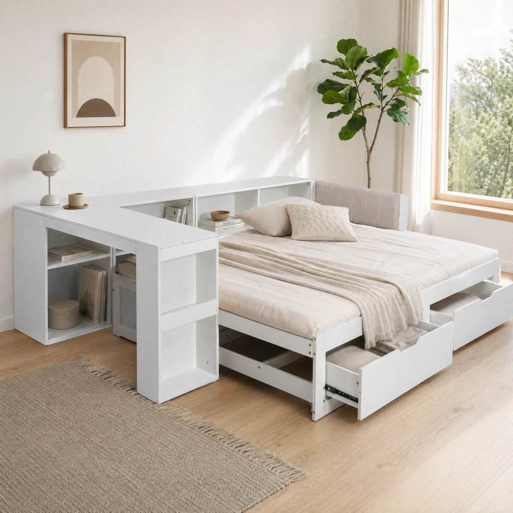 Letto allungabile con scrivania e cassetti in legno ingegnerizzato 90x200 cm