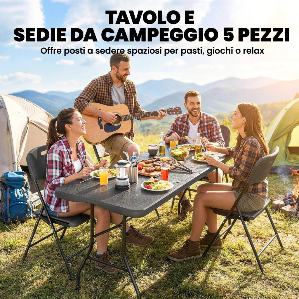Set 5 Pezzi Tavolo e Sedie da Campeggio con Tavolino Pieghevole e 4 Sedie in HDPE e Metallo Nero