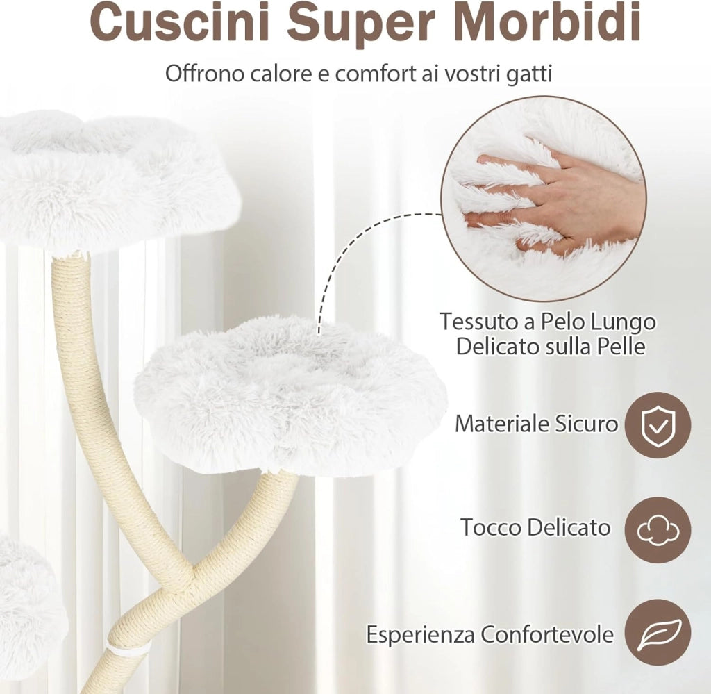 Tiragraffi per Gatti Alto 165cm,Alberi per Gatti con 4 Piattaforme, Tiragraffi in Sisal e Tubo di Supporto Robusto, Mobili per Animali da Interno (Bianco)