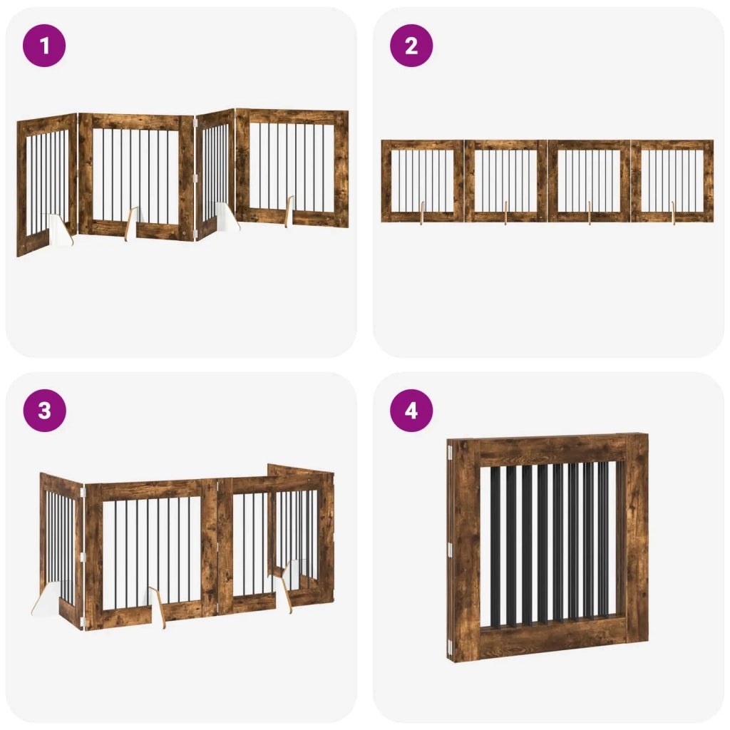 Cancello per cani pieghevole con supporti 4 pz Rovere Fumo 892081