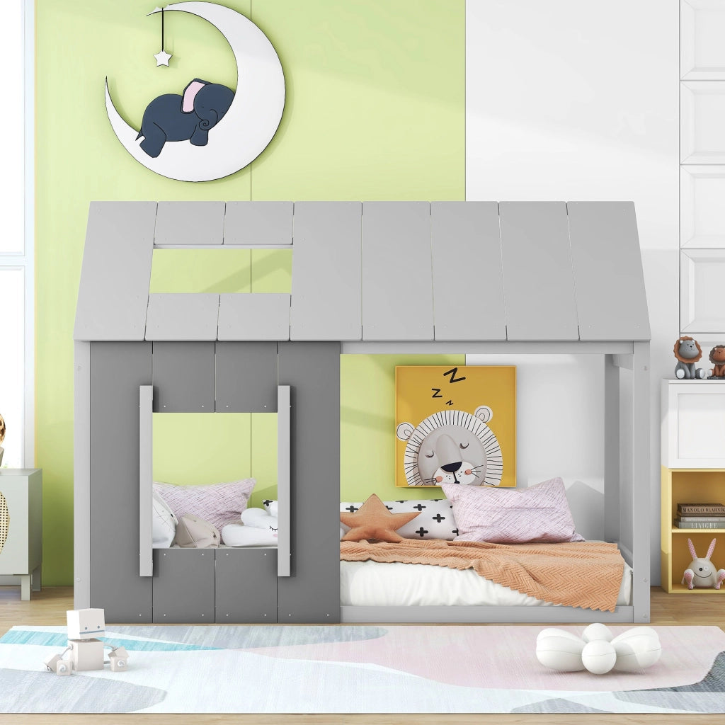 Letto a forma di casa grigio scuro e chiaro in pino 90x200 cm con tetto e finestra