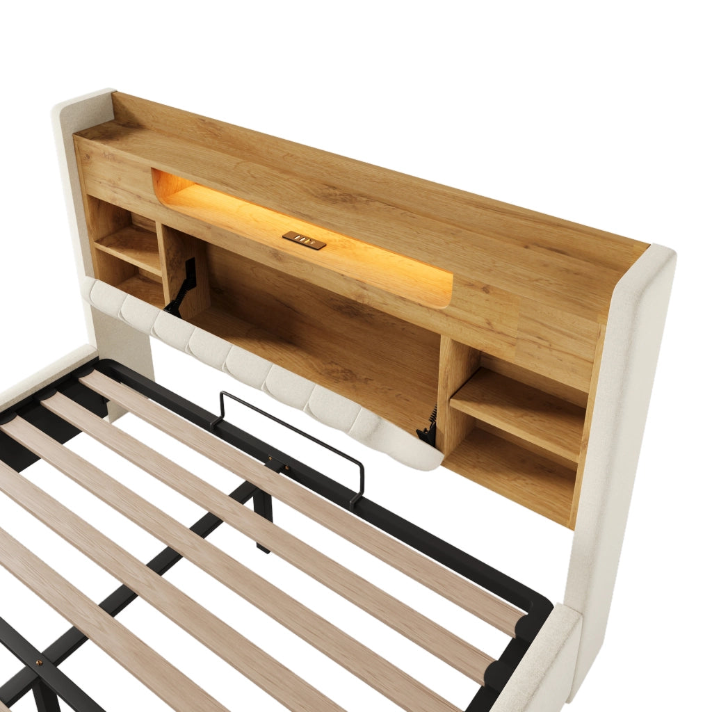 Letto matrimoniale imbottito 140x200 cm, con vano contenitore, illuminazione a LED, porte USB/Type-C, tessuto in lino, beige