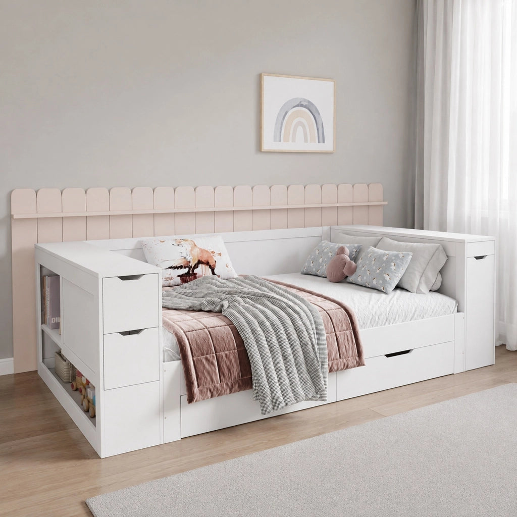 Letto per bambini multifunzione con cassetti e vano contenitore; MDF bianco