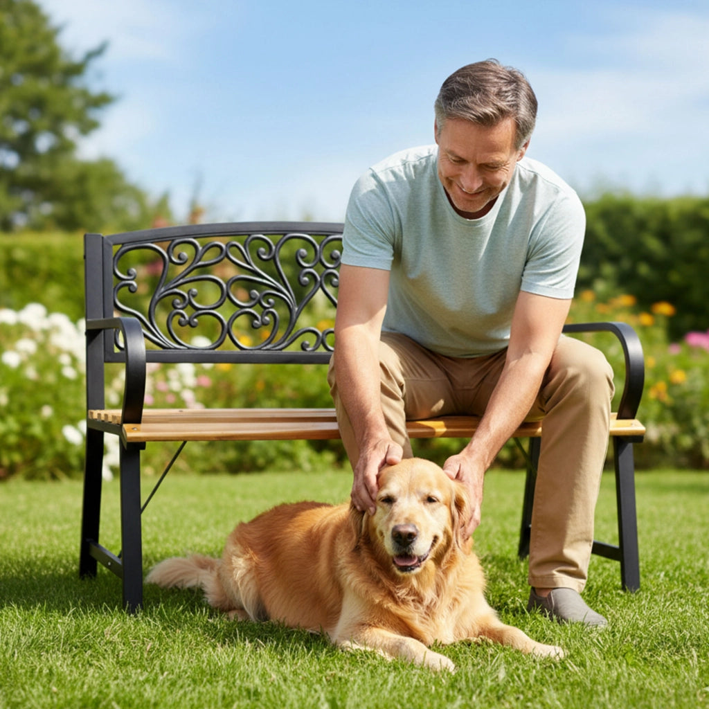 Panchina da giardino nera NERINA con legno laccato e gambe in ghisa larghezza 118 cm