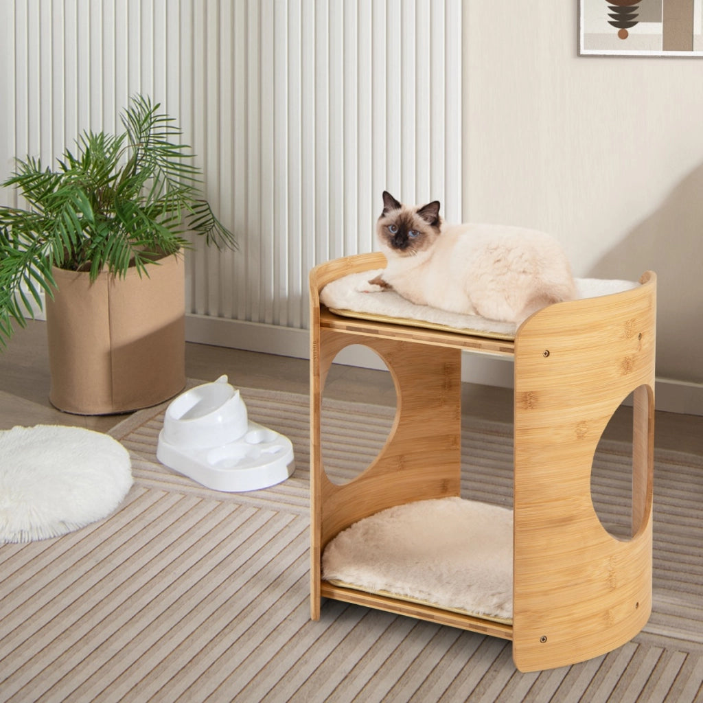 Letto rialzato per gatti a 2 livelli con struttura in bamb¨´ tappetini rimovibili e lavabili, Albero per gatti Beige