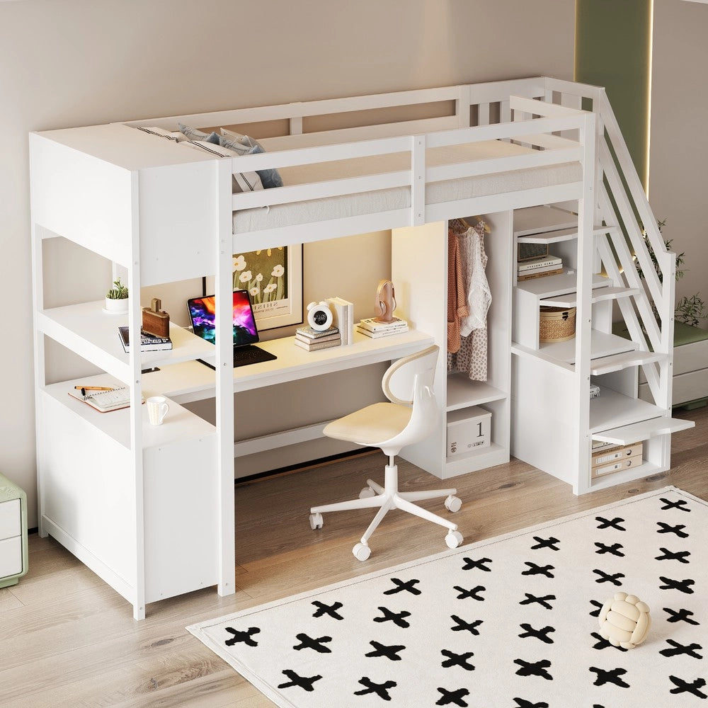 Letto a Soppalco con Scrivania e Armadio ¨C Xylo ¨C Legno, LED, Bianco, 90x200