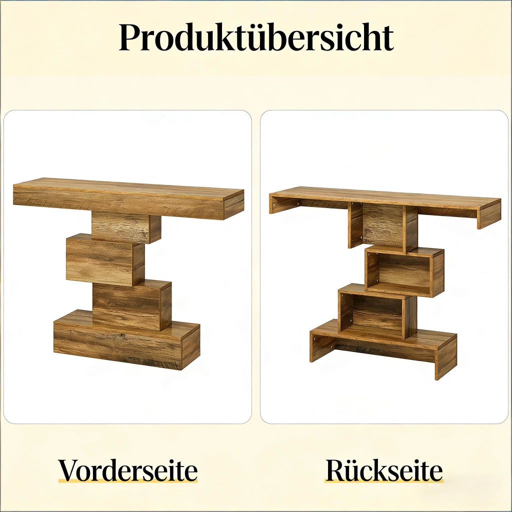Consolle in legno con struttura geometrica e ripiani a gradini, per ingresso e soggiorno, 108 × 30 × 80 cm