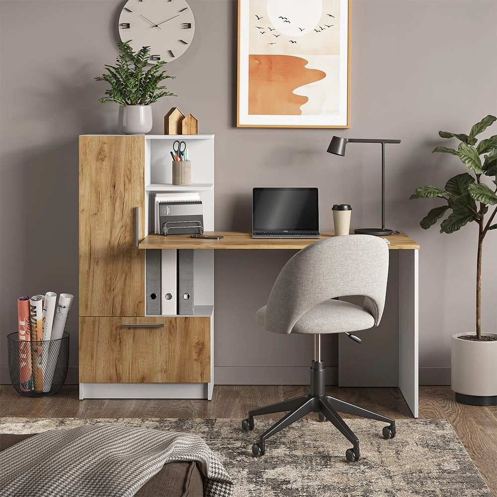 Scrivania Tomy, Rovere bianco/dorato, 150 x 59 cm, con ripiani aperti per una conservazione organizzata