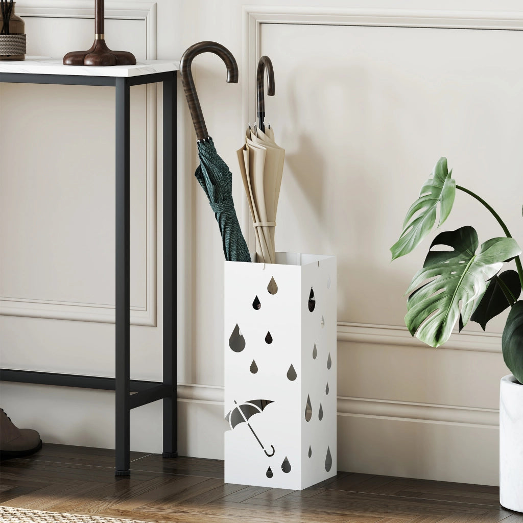 Portaombrelli in Metallo con Ganci e Vaschetta ¨C zephmum ¨C Bianco 15.5x15.5x41cm