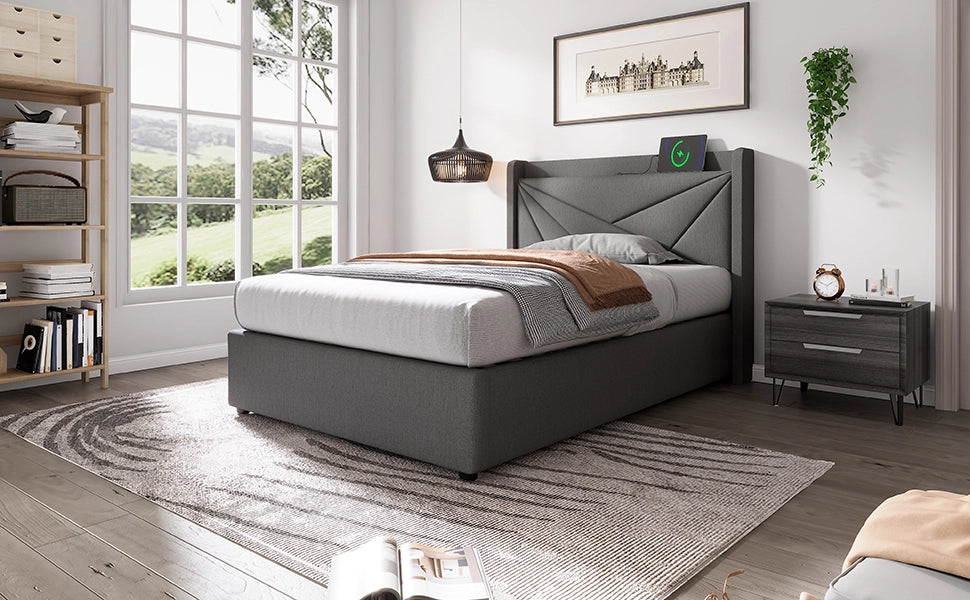 DESMIU Letto contenitore letto singolo 1 posto con USB, Tipo-C e testiera geometrica 90 × 200 cm, senza materasso