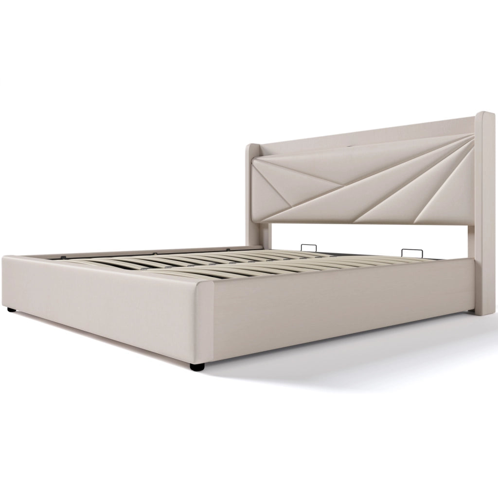 Letto matrimoniale con contenitore 180x200 cm in cotone e lino beige; con USB e Type-C