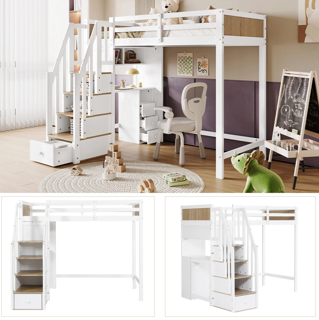 Letto a castello per bambini 90x200 cm con scrivania; scala contenitore e 3 cassetti; bianco/naturale