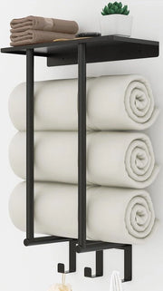 Maniglione per asciugamani a muro con piastra e 3 ganci per bagno piccolo - deposito per asciugamani arrotolati - nero - 160x100 cm