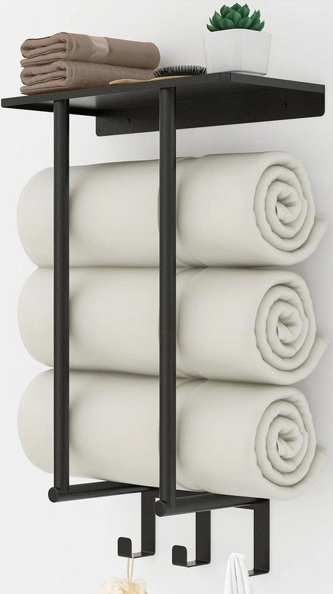 Maniglione per asciugamani a muro con piastra e 3 ganci per bagno piccolo - deposito per asciugamani arrotolati - nero - 160x100 cm