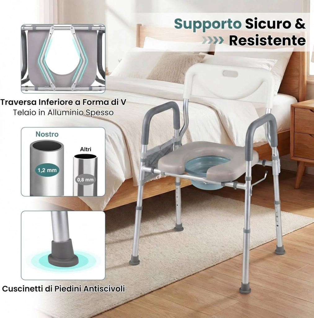 Ringhiera di Sicurezza per WC portata 136 kg, Barra Bagno in Alluminio con Altezza Regolabile 49-59 cm, Maniglie Antiscivolo e Schienale Rimovibile, Sedile WC per Anziani e Donne Incinte