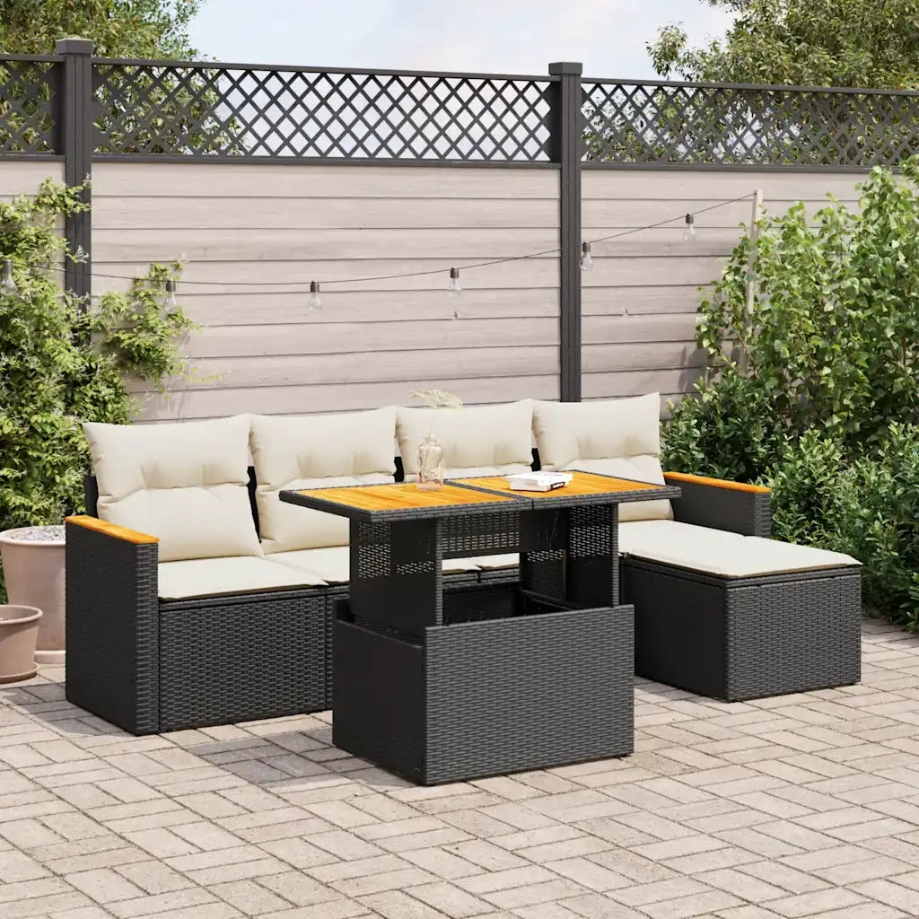 Set Divano da Giardino 6 pz con Cuscini Nero Polyrattan Acacia