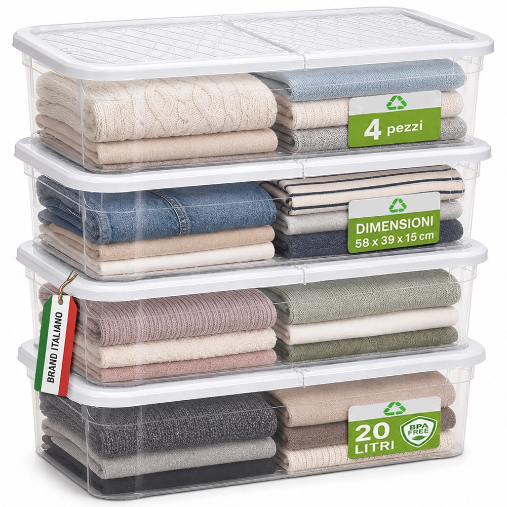 4 Pezzi Storage Box Marea Contenitori Sottoletto in Plastica 20L x 4Pz 58x39x15cm