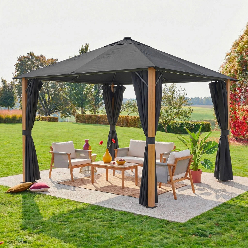 Gazebo da giardino 3x3m in alluminio effetto legno con tende e led,