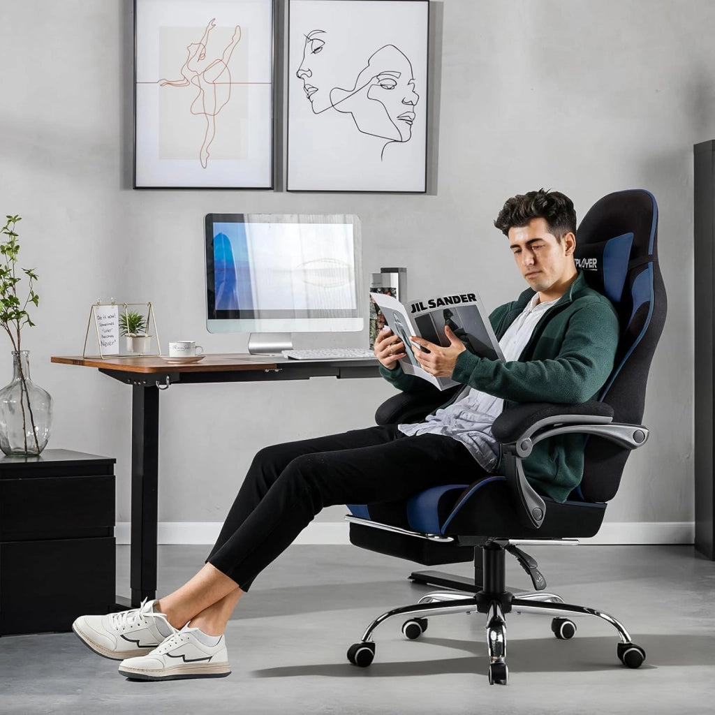 Sedia da gioco, sedia da ufficio, sedia ergonomica per PC, poltrona da gioco con supporto per massaggi, sedie task con poggiapiedi e poggiatesta, tessuto blu