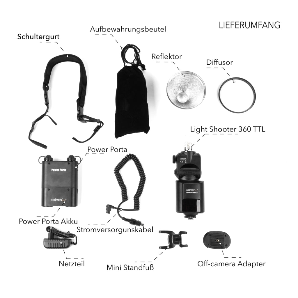 Light Shooter 360 TTL/N flash (incluso tubo flash, riflettore, diffusore, borsa, 1x Power Porta, cavo di collegamento, cinghia di trasporto, caricatore di rete) nero