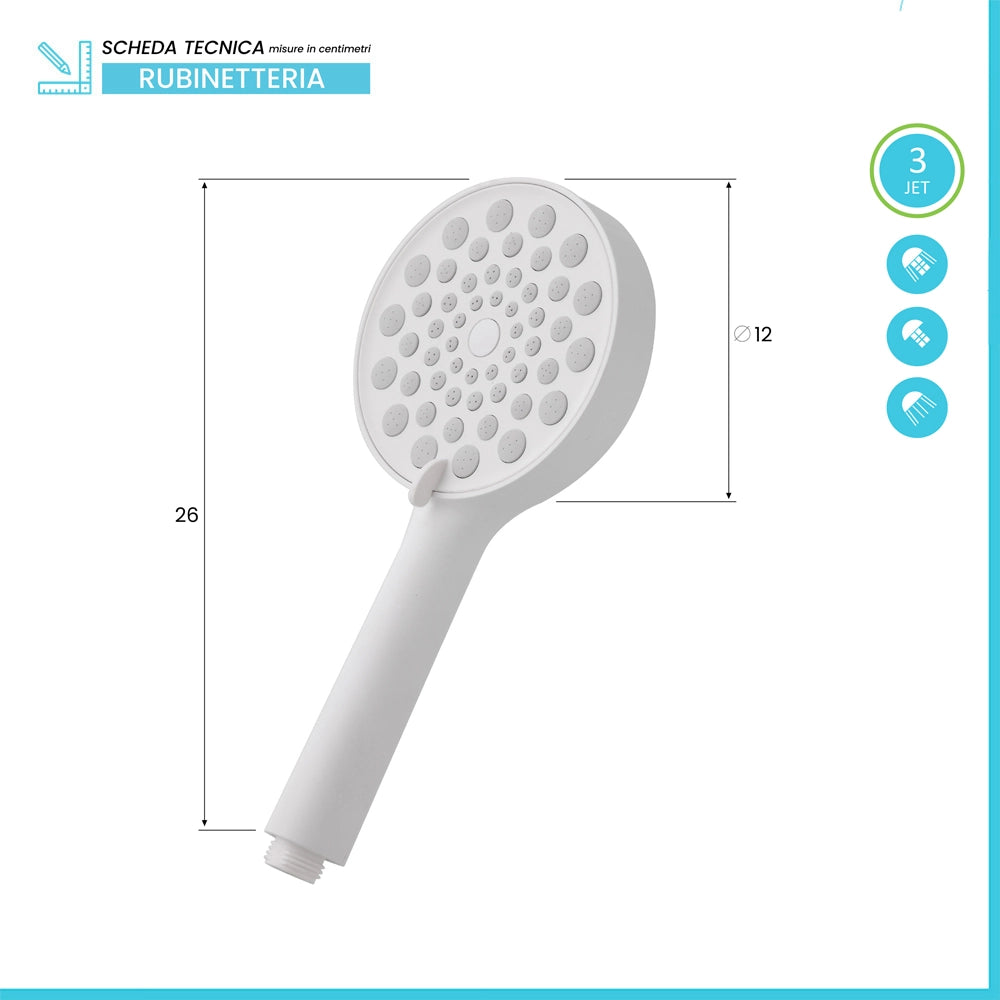 Doccetta tonda 26 cm con tre tipi di getto bianco opaco in ABS Hidra