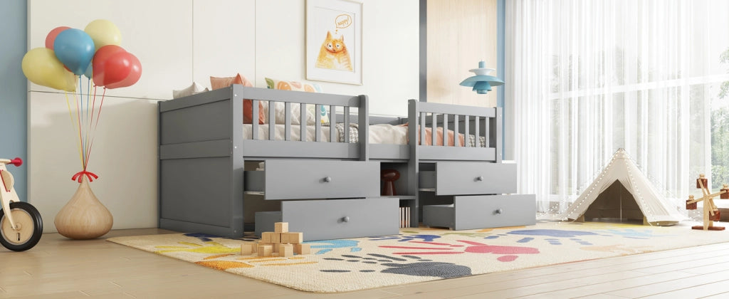 DESMIU Letto per Bambini 90 × 200 cm 1 Posto con 4 Cassetti, Sponde e Scala, senza Materasso, Pino, Grigio