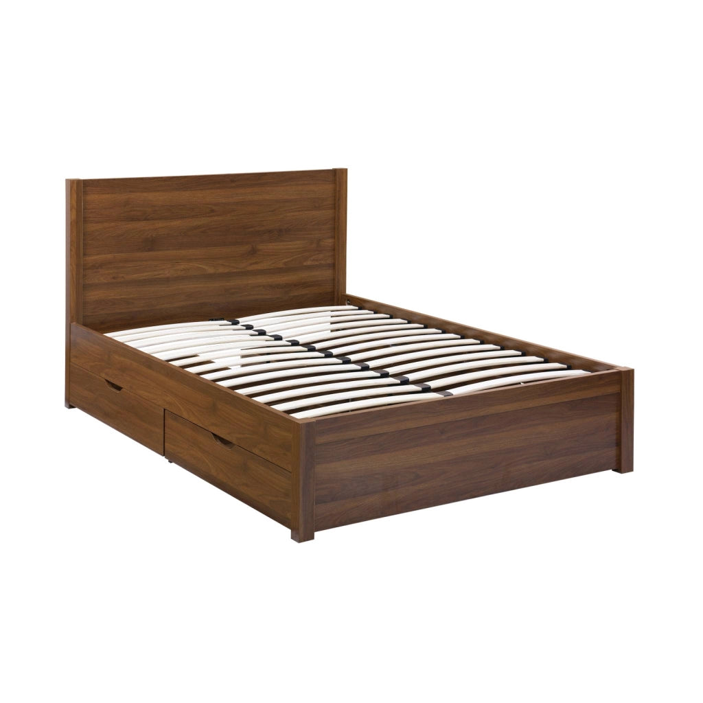 Letto con rete a doghe e testiera 140x190cm + 4 cassetti, noce